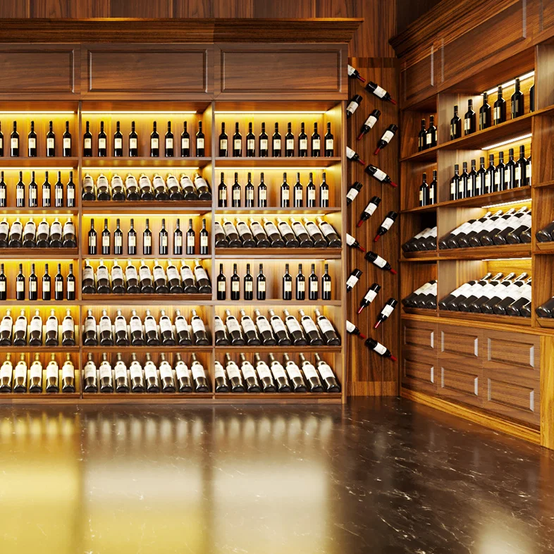 Retail Wine Shop Interior Display Decoration Wine Store Custom Wooden Metal Wall Mounter Wine Sheif Smoke Display Stand