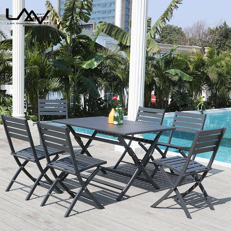 Simple design patio garden portable folding dinning furniture set aluminum frame outdoor restaurant table and chair.