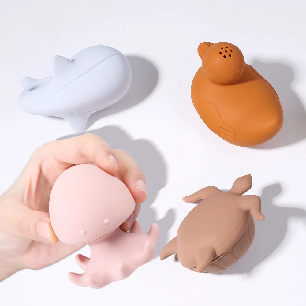 Eco-Friendly Bpa Free Custom Logo Cute Animal Duck Octopus Turtles Whales Washable Silicone Baby Bath Toys For Kids
