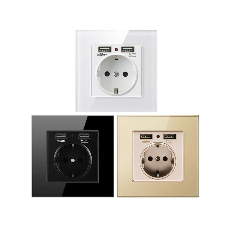 EU Standard 16 amp Glass Panel Homes Outlet Electric Cover Electrical Plate Power Plug USB German Outlet Wall Sockets