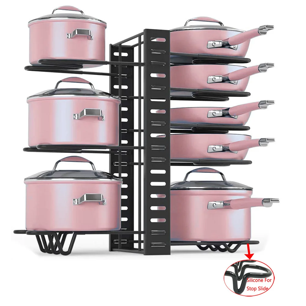 Pot and Pan Organizer for Cabinet, Adjustable 8 Non-Slip Tiers Pot Rack Organizer with 3 DIY Methods, Kitchen Under Cabinet Orga
