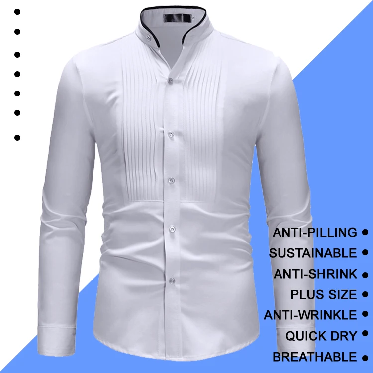 Man Classic Formal Front Pleated Standred Fancy White Black Dress Shirts For Wedding