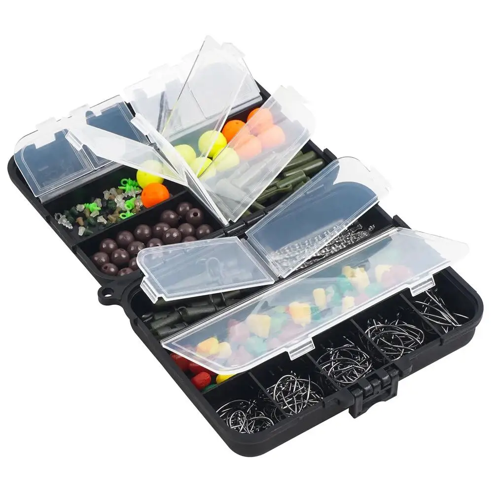 300Pcs Carp Fishing Tackle Kit Including Carp Hooks Quick Change Swivels Hook Stop Beads Boilie Bait Screw Safety Clips