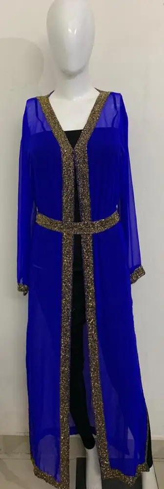 Elegant Ladies Floor Length Abaya Dress Kaftan Front Open Poncho Shrug with Hand Beads Work for Night Parties Club Wear