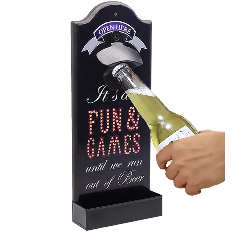 Wooden Wall Mounted Beer Corkscrew with Collection Container Rustic Look Beer Corkscrew Bottle opener on the wall