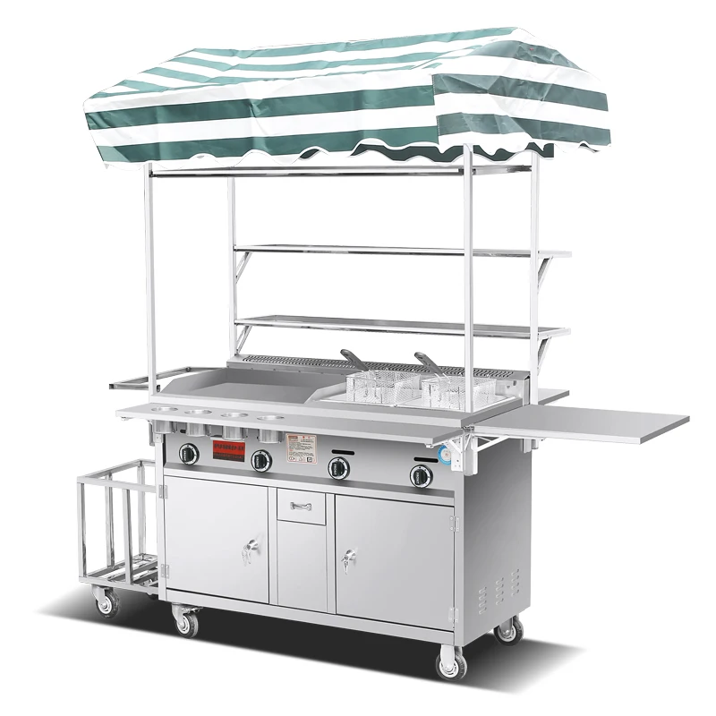 Convertible Hand Trucks Gas mobile snack cart commercial mobile stall grill plate warmer cart outdoor rolling moving food cart