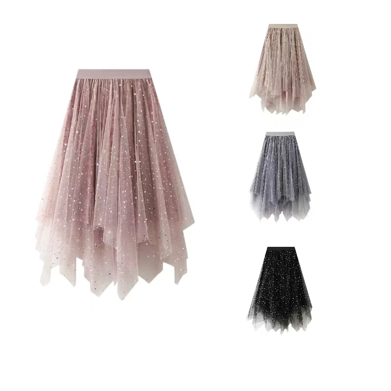 Hot Velvet Breathable A-line Pleated Skirt Tulle Mesh Midi Skirt Women Princess Fairy Sweet Shiny Star Sequins Casual Woven
