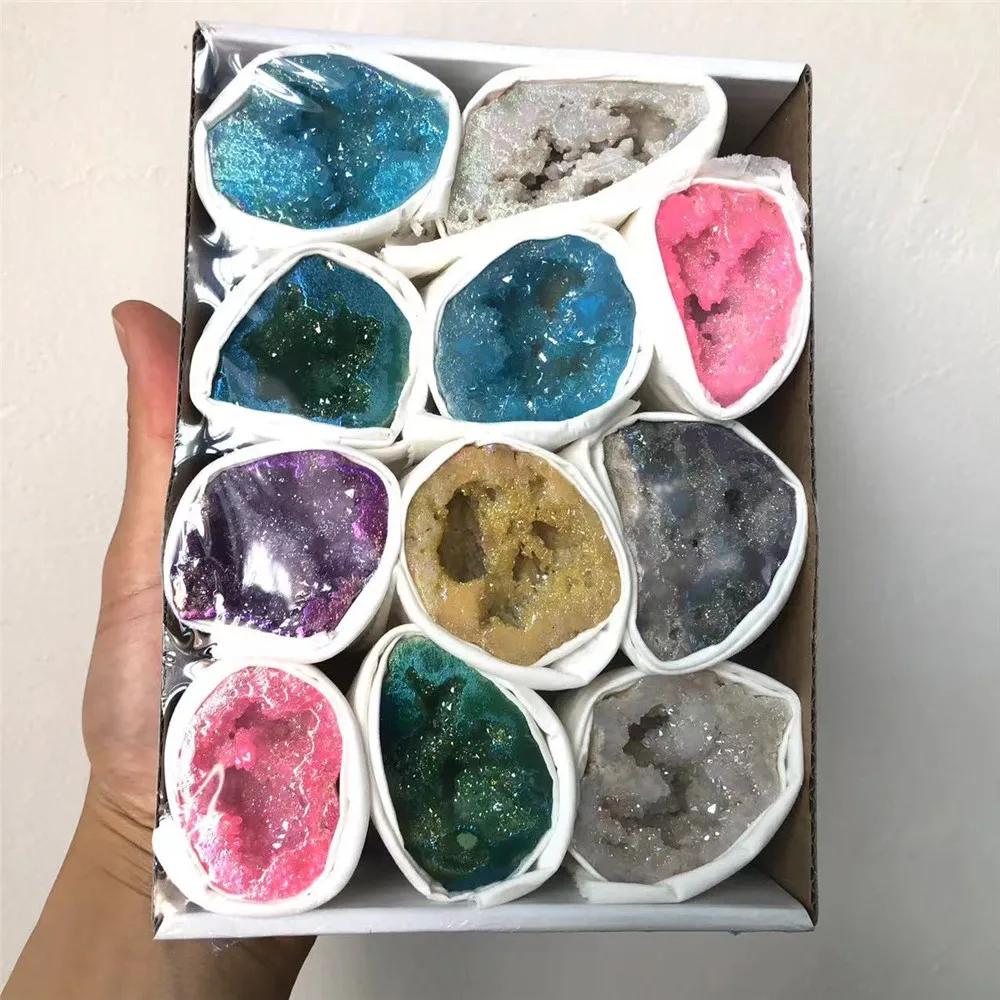 wholesale spiritual healing crystals agate gemstone crystal set box natural angel aura agate Geode quartz for sale