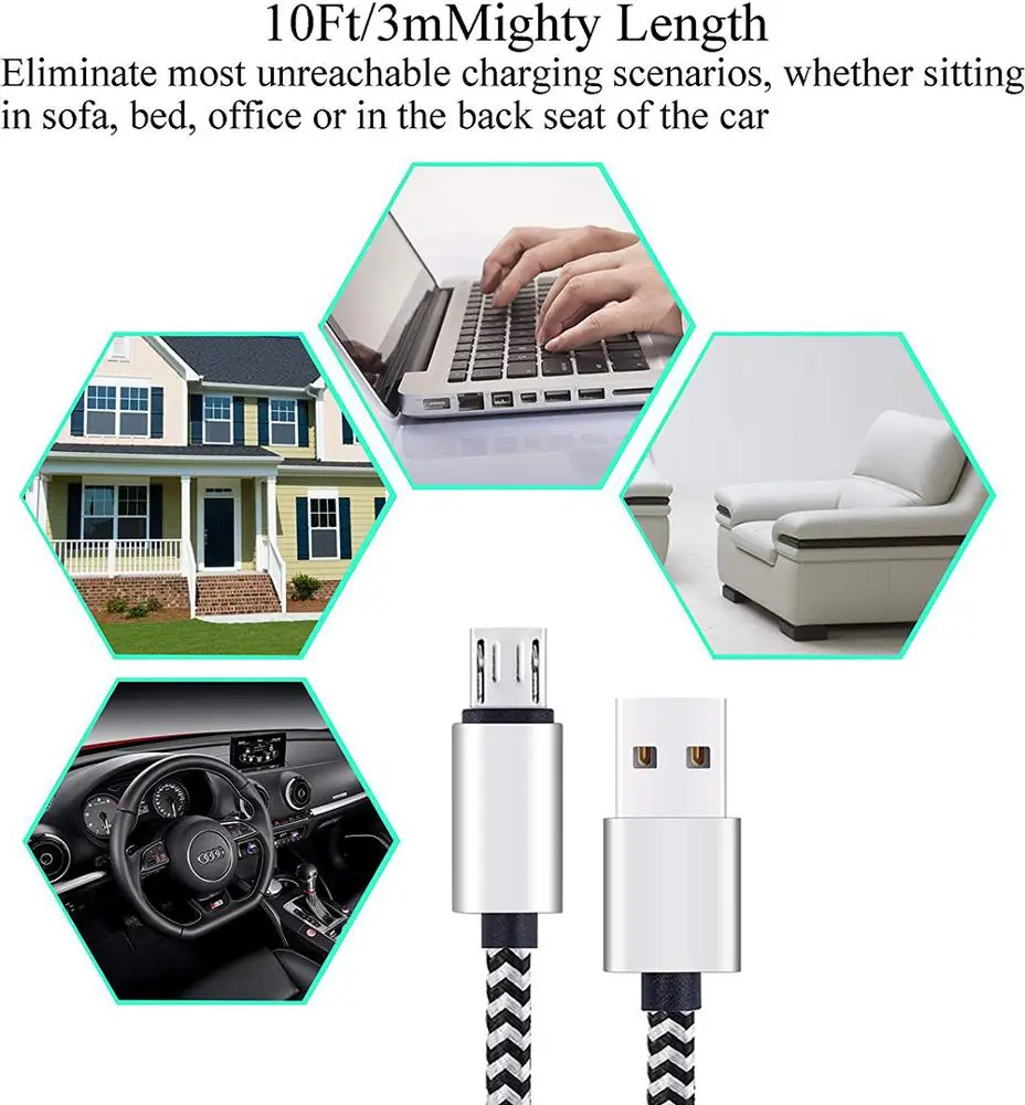 TKETAI 10ft/3m Double Braided Nylon Tangle-Free USB Cable For Android, Samsung, LG, HTC, Nexus, Sony and More (Black)