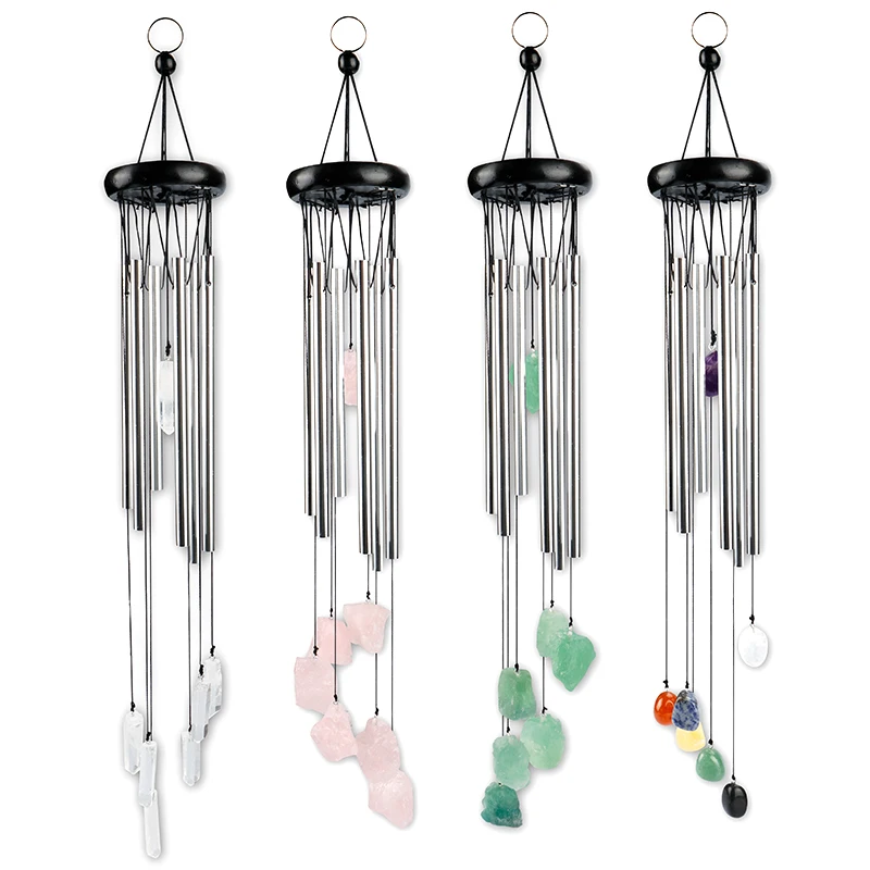 Wholesale Beautiful Hanging Natural Crystal Rose Quartz 7 Chakra Raw Gem Stone Rough Wind Bell Chime with Gemstone Garden Decor
