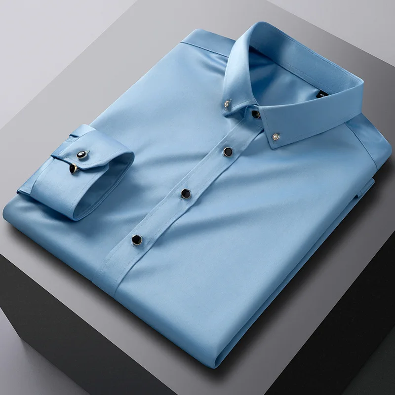 Male Business Casual Slim Fit Dress Shirt Solid Color Long Sleeve Wrinkle Free Luxury Men Silk Satin Shirts