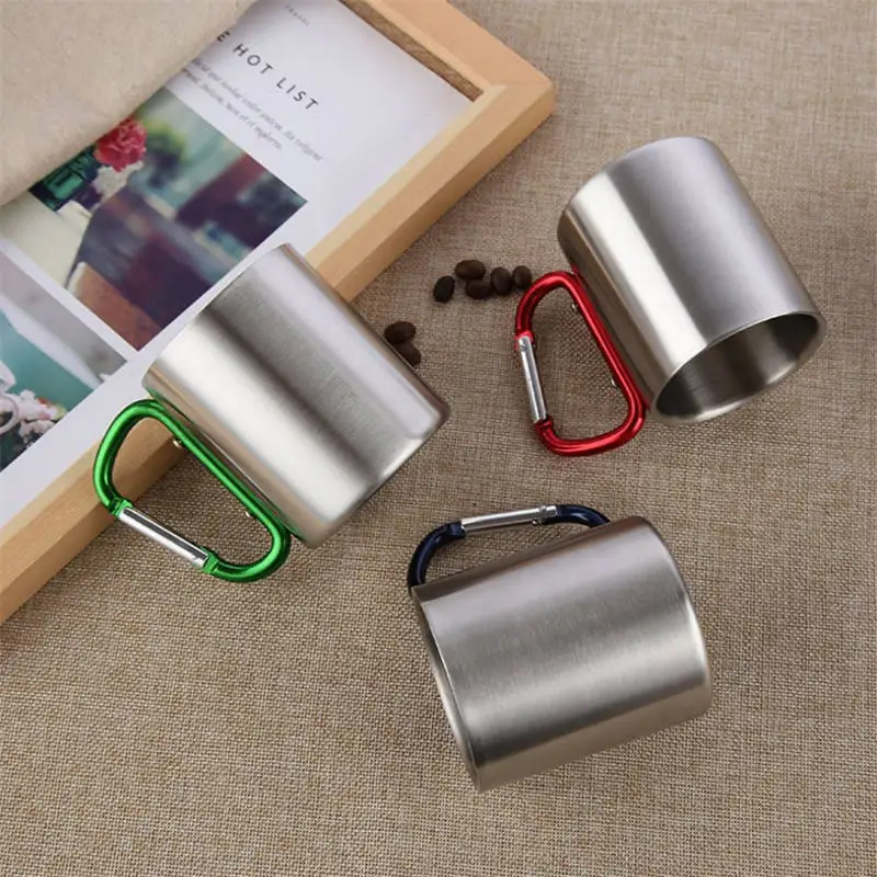 220ml outdoor camping travel portable stainless steel coffee cup double walled carabiner mug with handle