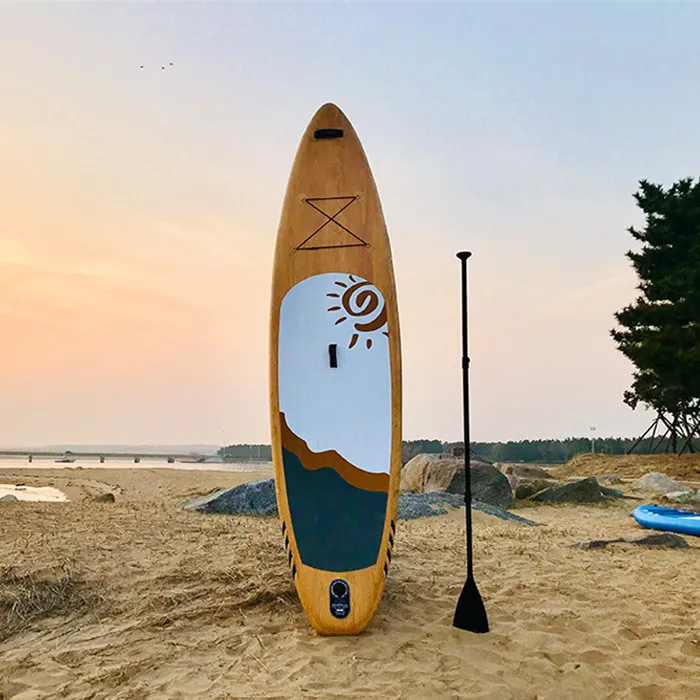 
Wood Skin Design Inflatable Paddle Board Stand Up Paddle Board ISUP Package 6 Inch Thick For Beginners And Experts 