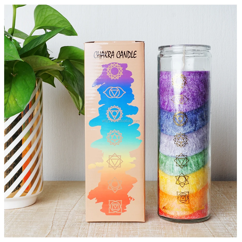 High Quality Customised 7 Days 7 Layers Church Blessing Ceremony Rainbow Spiritual Chakra Religious Glass Candle