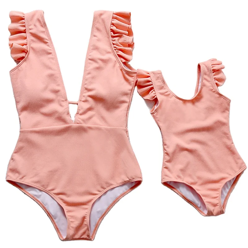 
Mommy and Me Swimwear 2021 Family Matching Swimwear Girls One Piece Bathing Suit with Ruffles Sleeve 