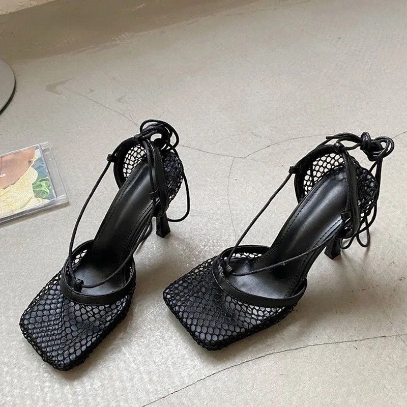 Summer Autumn Sexy Mesh Pumps sandals Female Square Toe high heel Lace Up Cross-tied Stiletto hollow Dress Pumps shoes