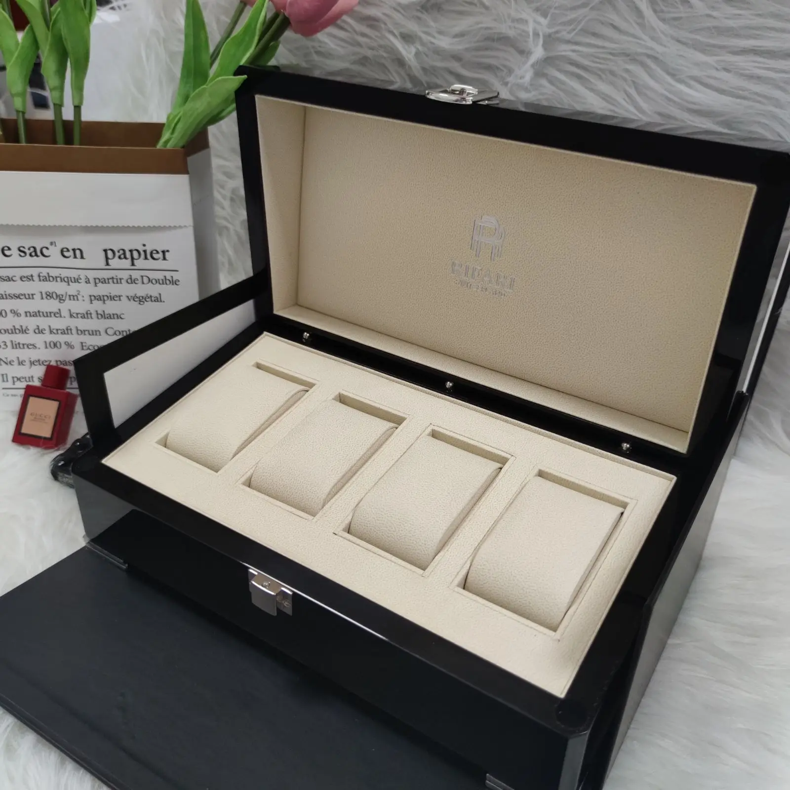 Luxury High Quality printing Logo single slot PU lining black wood highend Gift Packaging brand Watch Box