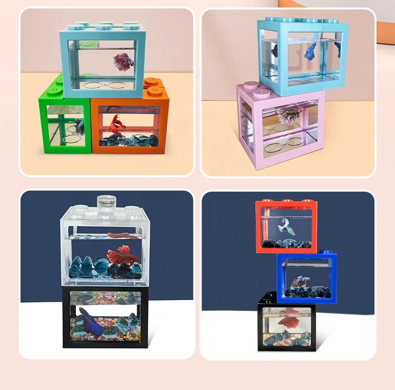 Mini Small Desktop Transparent Acrylic Plastic Block Goldfish Fish tank Color Building Aquarium Creative