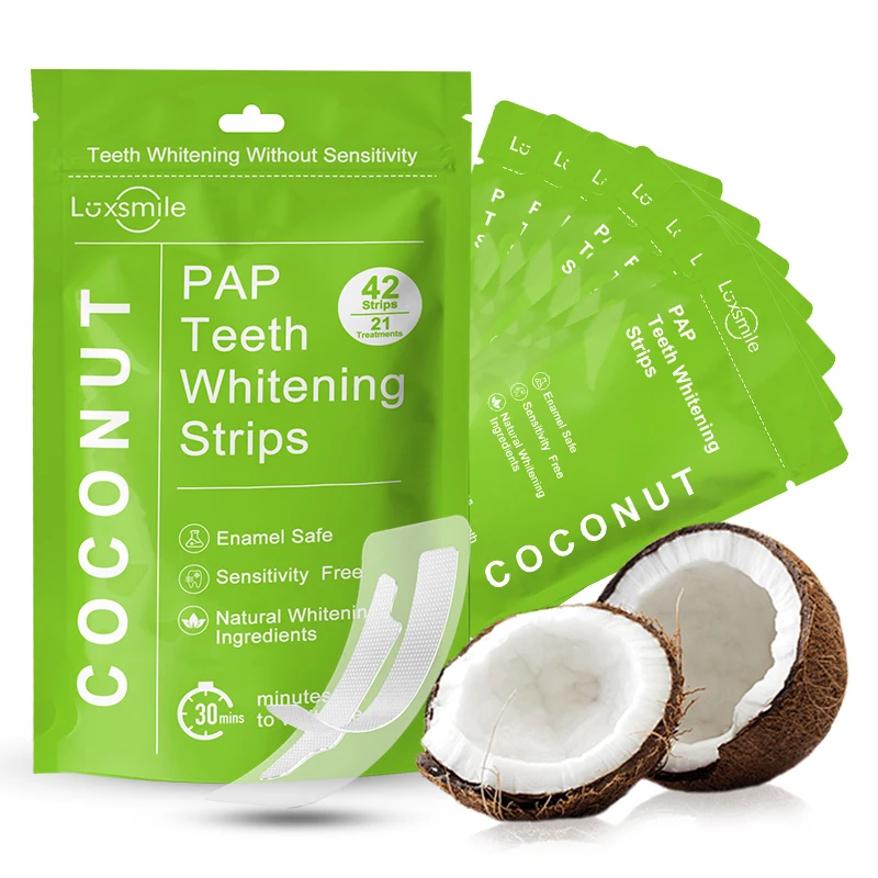 Custom Logo 6% Hp Peroxide Free Flavored Wholesale Pap Dissolving Tooth Dental Whiting 5d Teeth Whitening Strips Natural Coconut