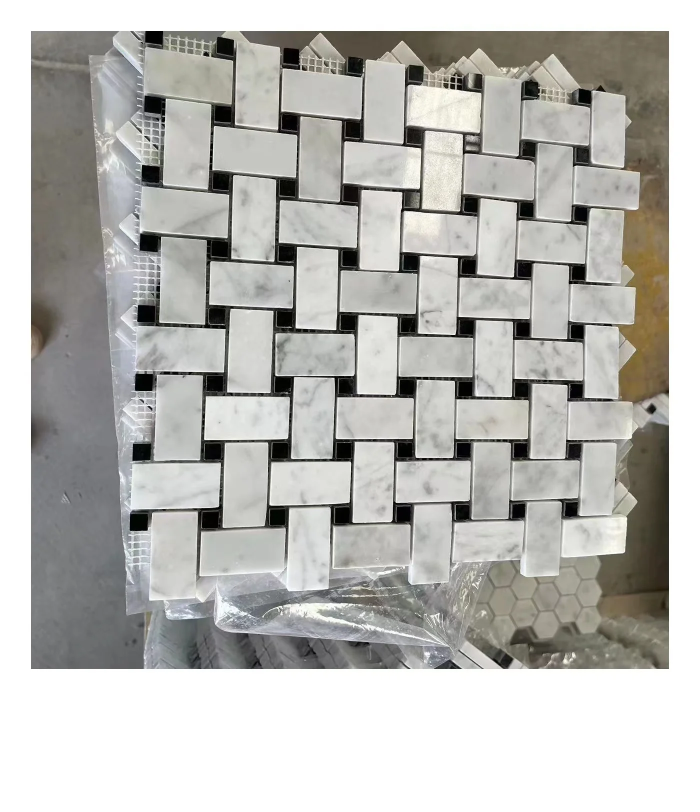 Square Bianco Carrara White Nero Marquina Marble Mosaic Basket Wave Marble Mosaic White & Black Marble Mosaic Tile