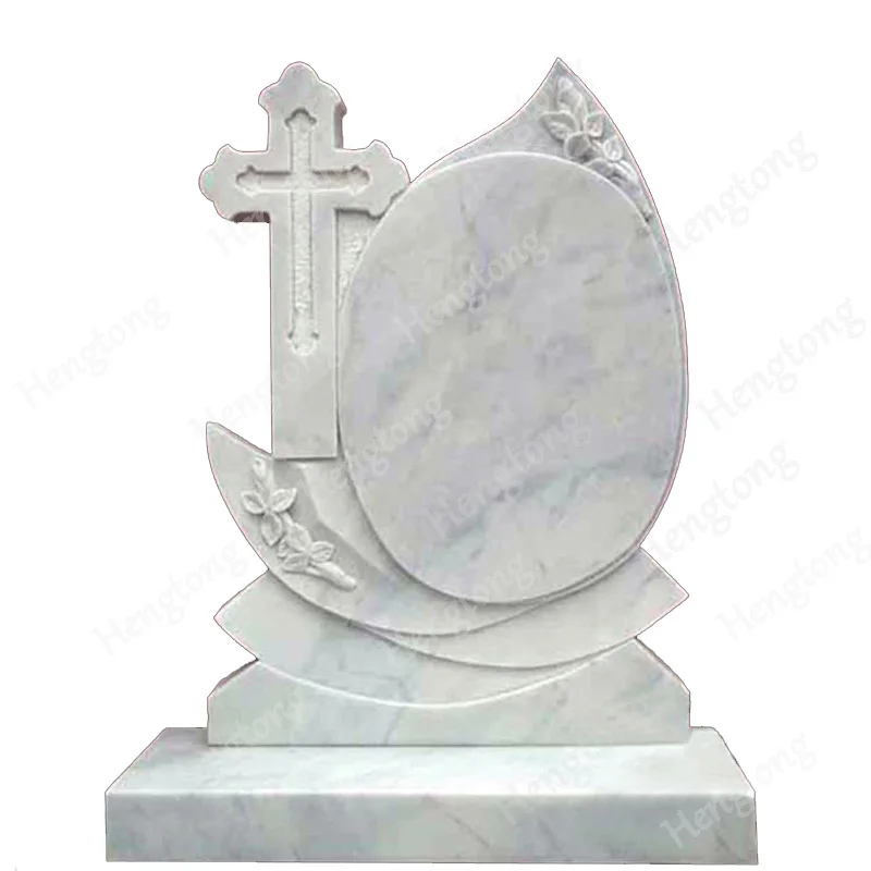 Cemetery Custom Hand Carved European Style White Marble Cross Design Tombstone