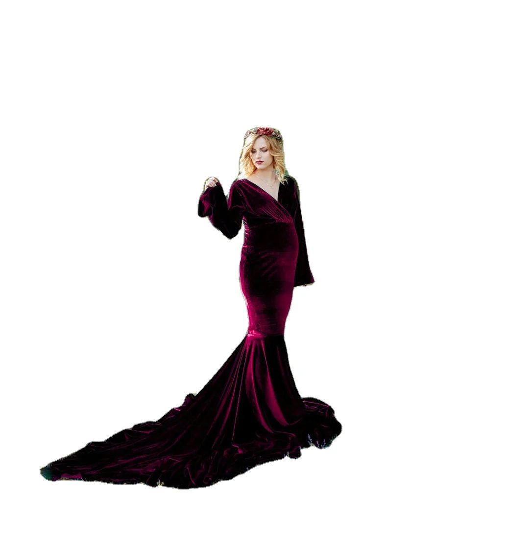 New Pregnancy Dress Golden Velvet Pregnant Women Clothing Tail-Length Photography Dress V-Neck Maternity Dresses For Photo Shoot
