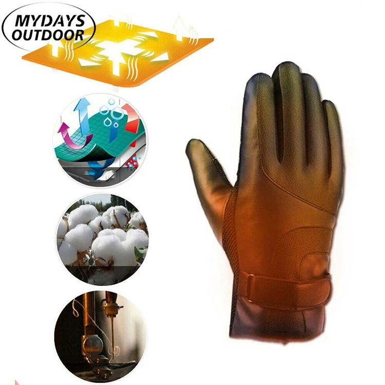 Mydays Tech Full Finger Touch Screen Leather Waterproof Heated Riding Gloves Outdoor Sports Heating Gloves Bicycle Glove