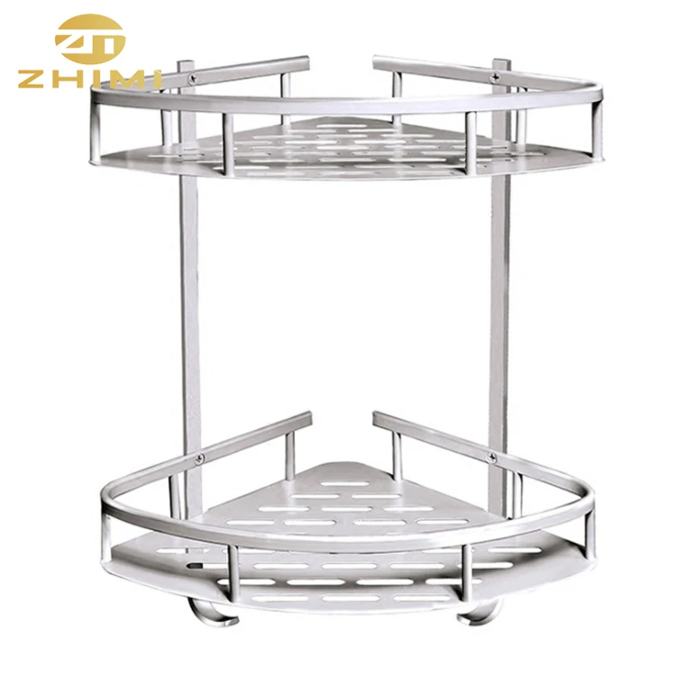 Houseware Aluminium Alloy Adhesive Wall Mounted Type Bathroom Storage Rack 2-tier Shower Caddy Corner Shelf Basket