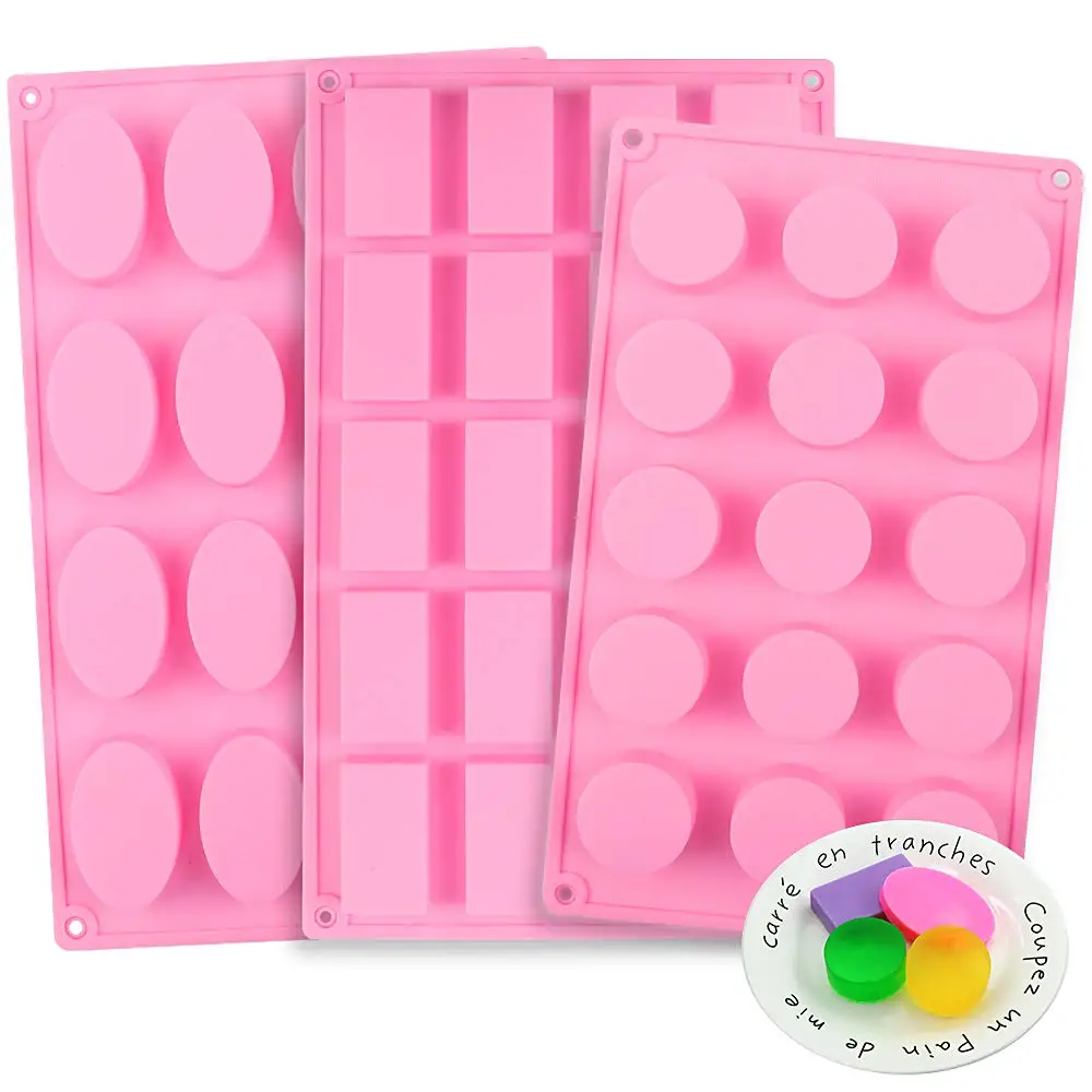 100% BPA Free Silicone Soap Molds, Round Rectangle Oval Soap Molds for Handmade Soap Candy Chocolate Cake with Sealed Bags, Pink