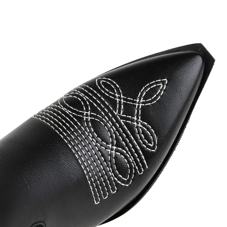 Leather Western Cowboy Boots 2022 Ins Hot Sale Black Knee-High Boots Thick Square High Heels Female Shoes Plus Size 43