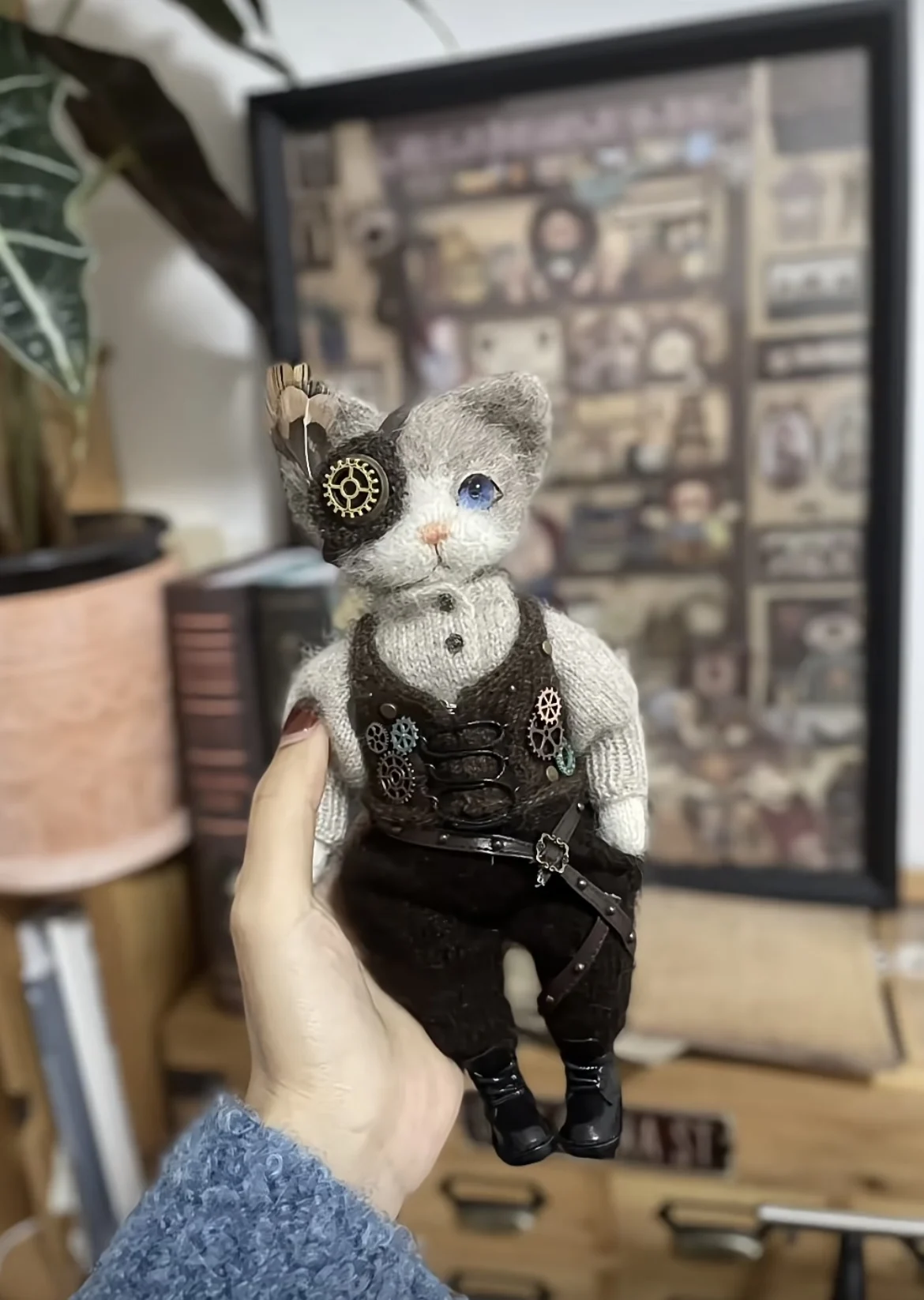 Haute Couture Handmade Doll Crochet Steampunk Cat Hand Handsome Cat Valentine S Day Unique Gift Desktop Decoration