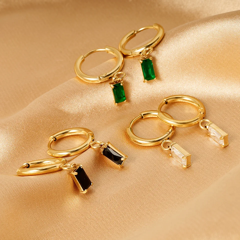 14K Gold plated Dainty Earrings for Women Cubic Zircon Rectangular Brilliant Cut Dangle Hoop Earrings