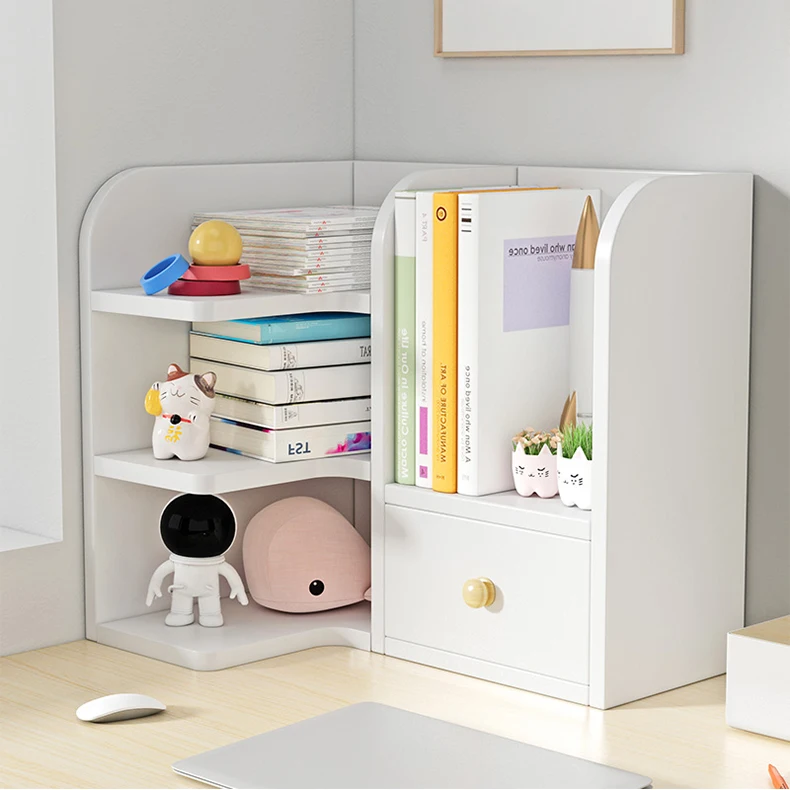Wooden Desk Storage Shelf White Color Customized Desktop Books Stationery Organizers Standing Rack with Drawer
