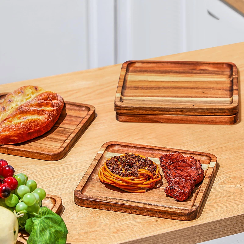 Restaurant Stackable Natural 8inches Square Acacia Wood Food Serving Snack Canape Wooden Plates For Steak Dessert Cake Fruit