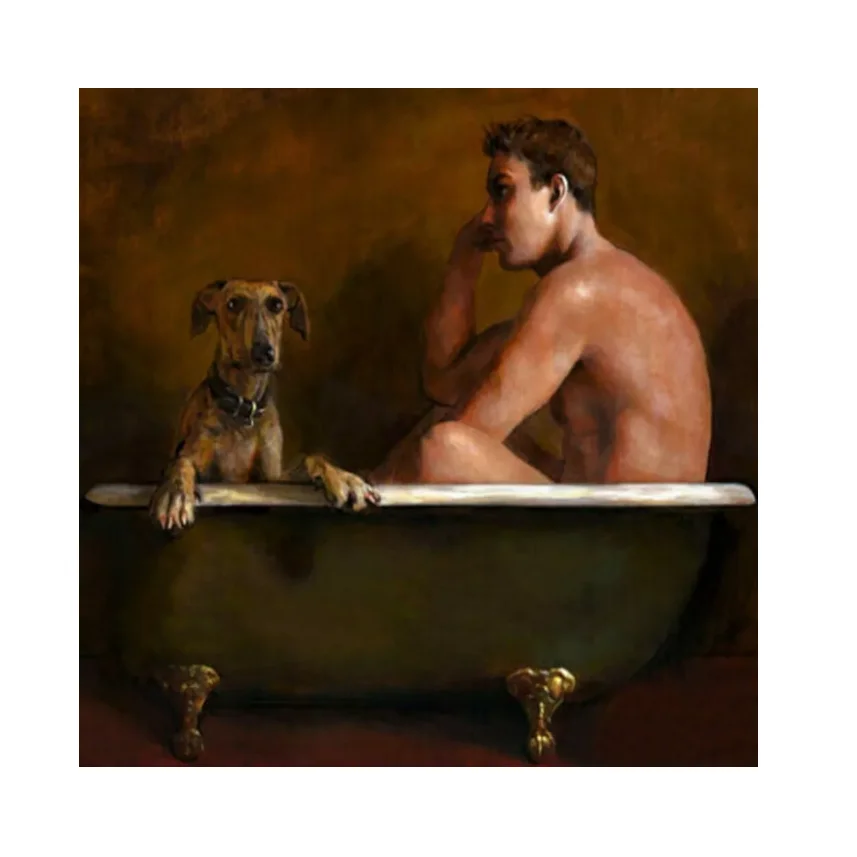 100% Real Hand Painted Naked Man with Dog Oil Painting on the Canvas by Professional Artist for Home Wall Art Decor