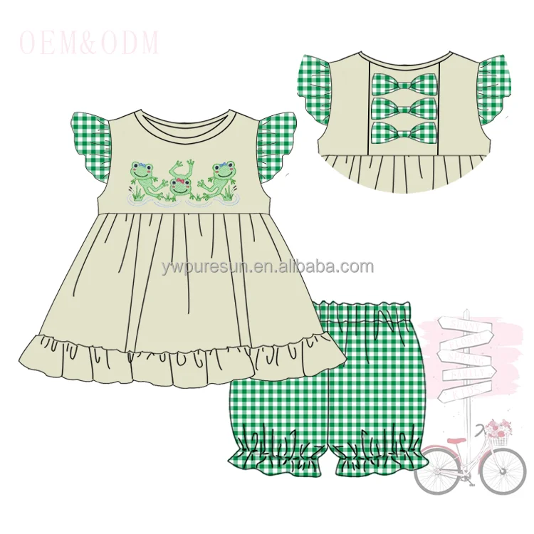 Puresun cute spring back bows frog designs flutter sleeve skirt shirt bloomer short set children wear newborn baby clothes