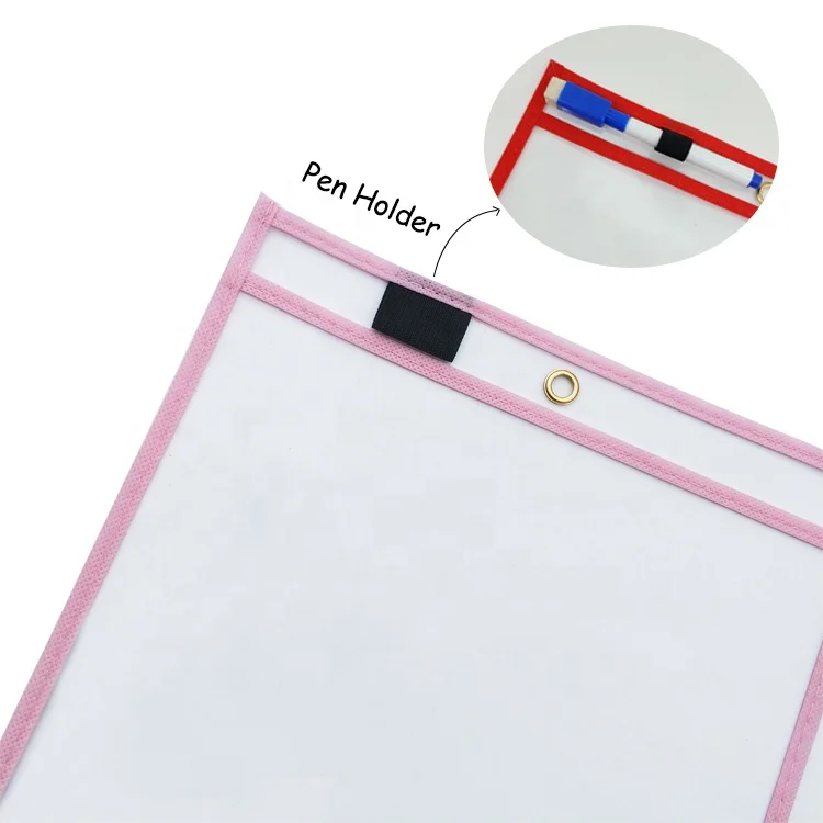 Multicolored A4 student supplies durable PVC plastic dry erase pocket sleeves for classroom organization teaching