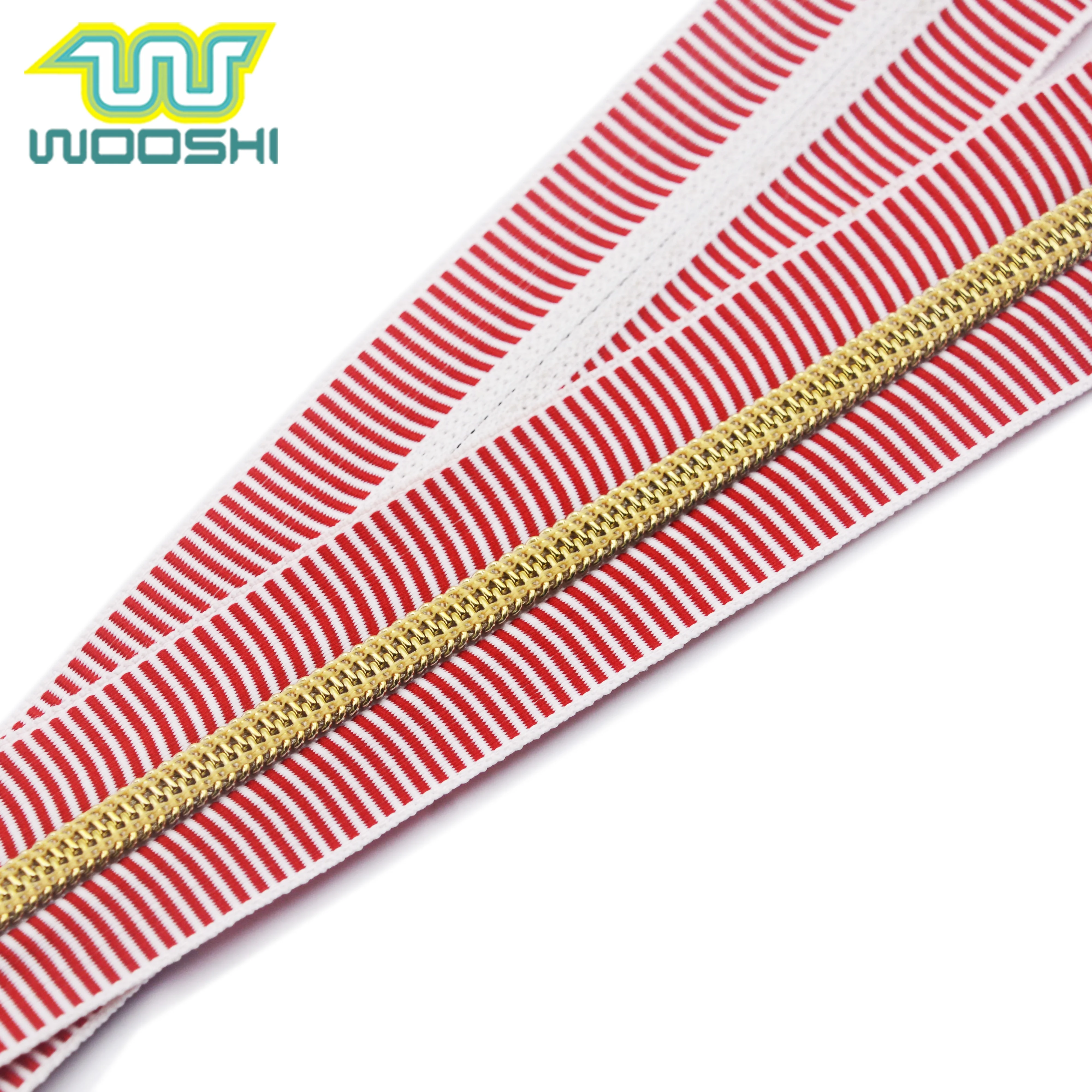 Design Zipper with Striped Tape Golden Teeth Long Chain Zipper Roll for Bags Home Textile Garment Nylon Price Zipper