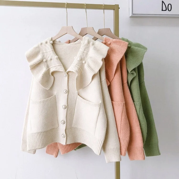 Милый вязаный кардиган с длинным рукавом, шерстяной кардиган с лацканами и помпонами, женский свитер на осень и зиму