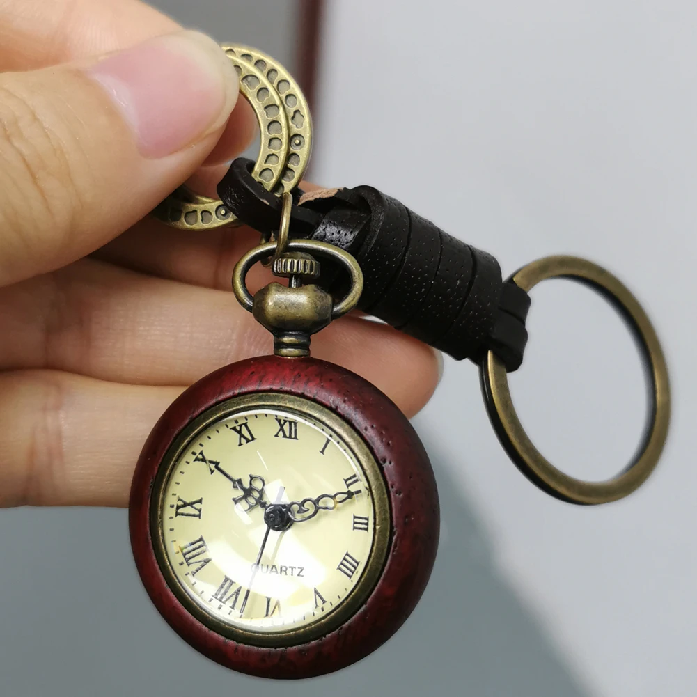 Antique Leather Chain Clock Red Wood Case Reloj De Bolsillo Old Fashion Mini Pendant Pocket Watch