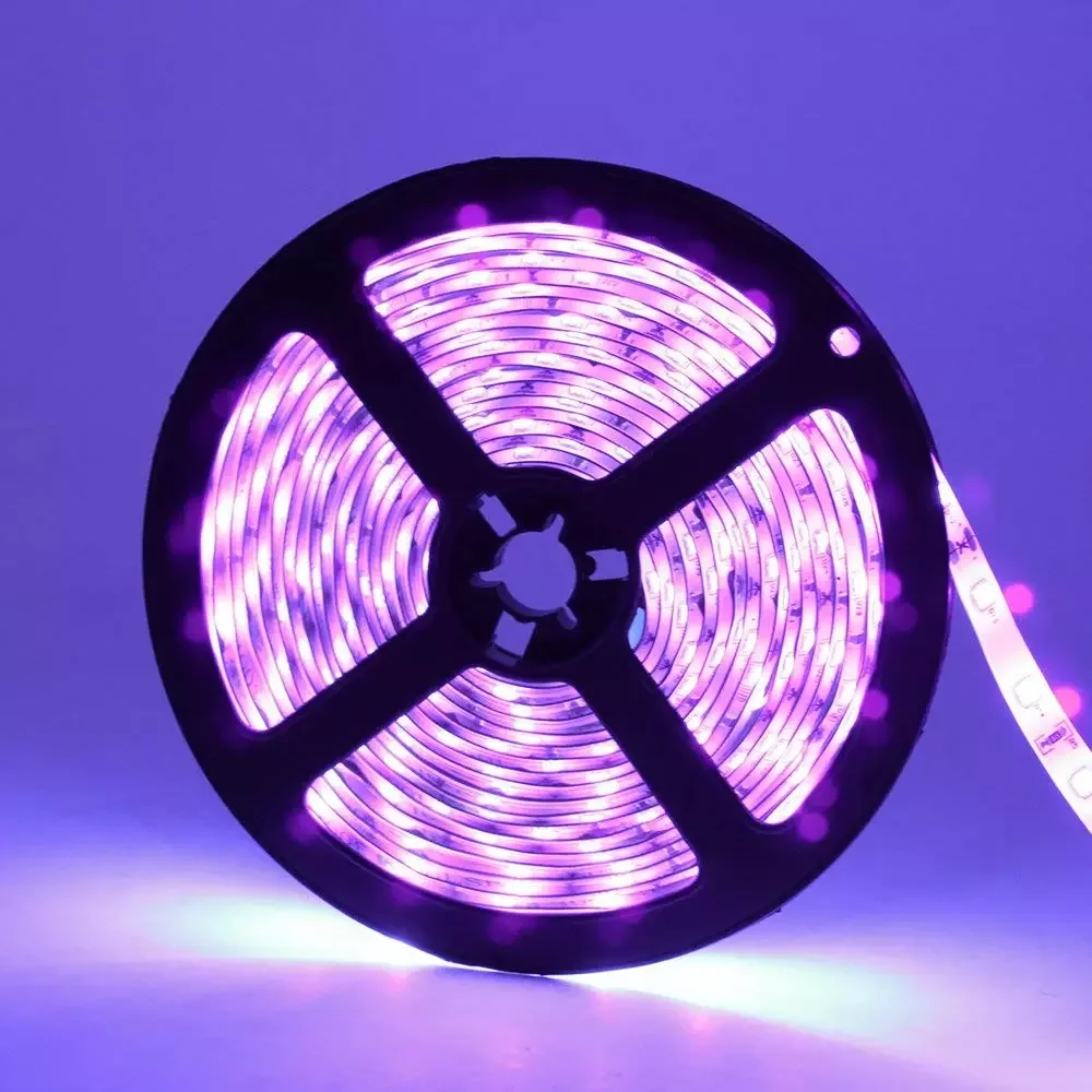 
16.4feet (5meter) 12V DC 60Watt SMD2835-300 60LED/M 395nm 400nm UV Black Light LED Strip Light Cuttable Non-waterproof 