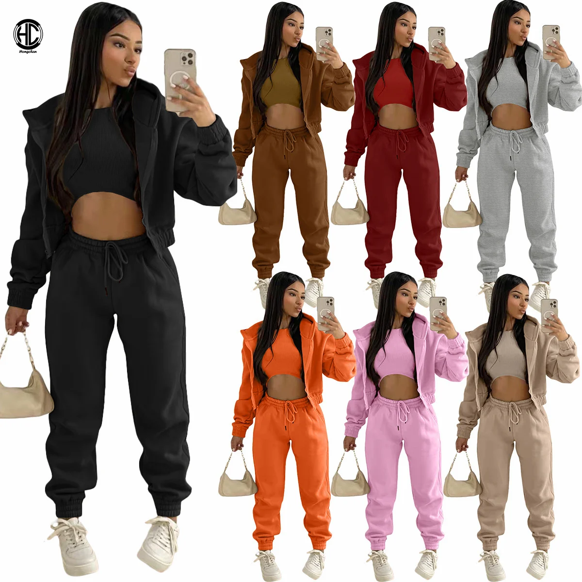 2022 Top Sale Custom Logo Thick Hooded Sweatsuit Solid Tracksuit Thread Vest With Hoodie Jacket 3 Piece Jogging Sets