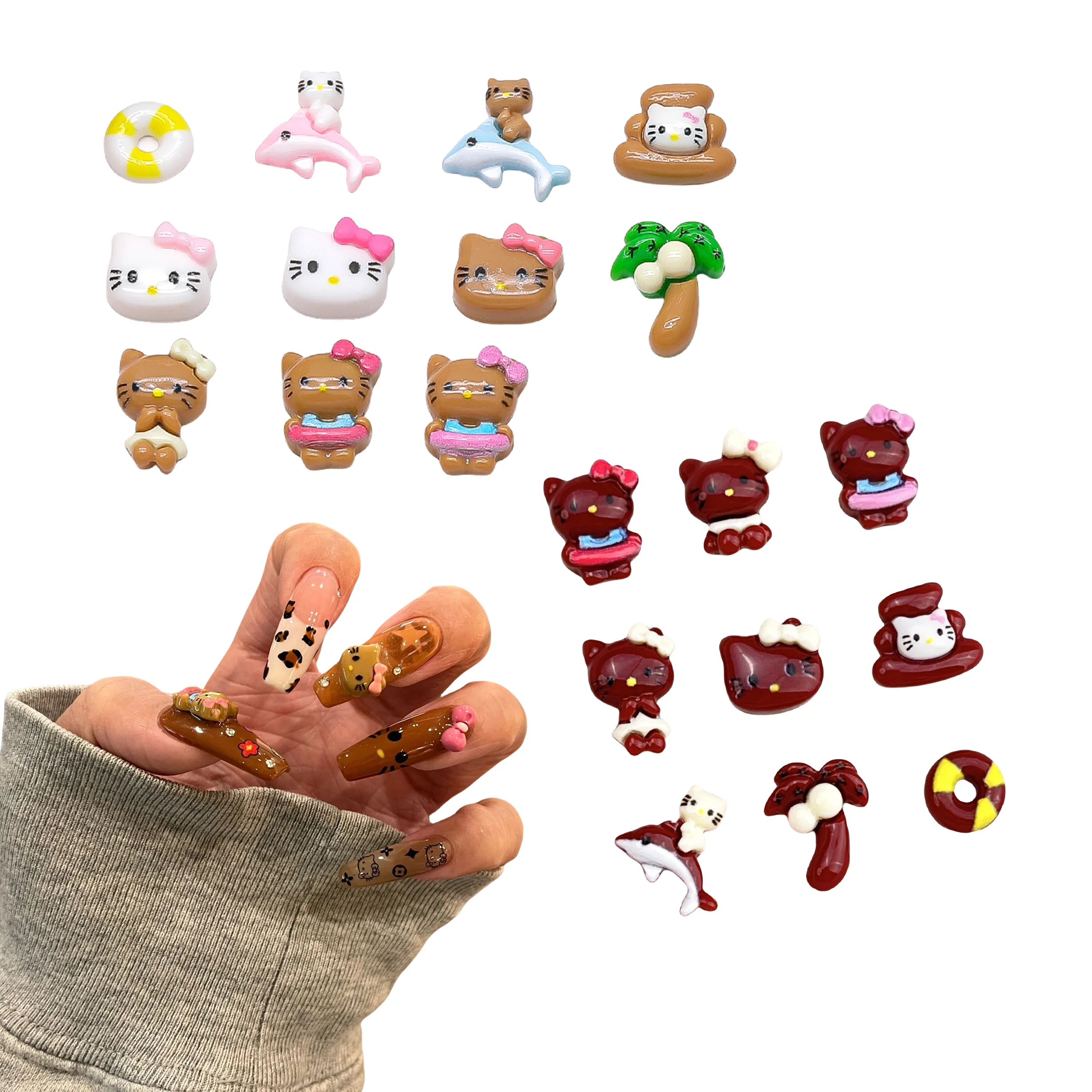 Hawaiian Summer Coconut Tree Dolphin Bow Kt Cat Red Black Skin Cartoon Jewelry Resin Diamonds Cute Nail Art Charms Accessories