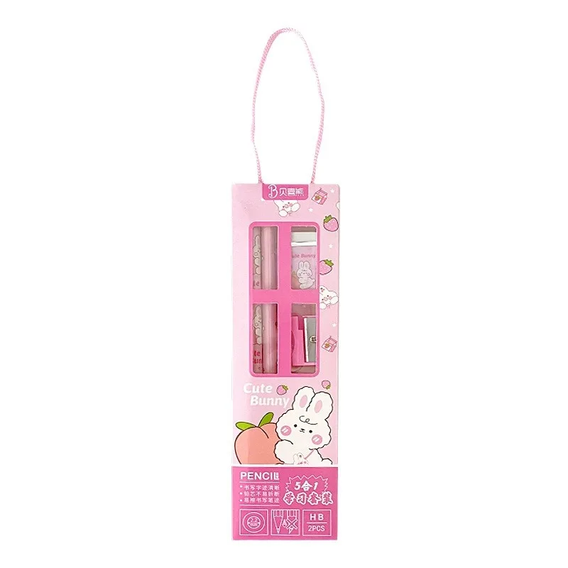 D-07046 Stationery five-piece prize learning suit cartoon Pencil Ruler Pencil sharpener rubber small gifts wholesale