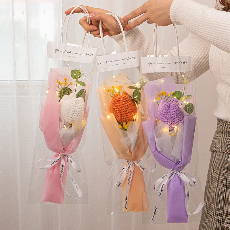 Colorful Floral Artificial Handmade Tulip Flower LED lights String Light Tulip Knitted Bouquet Christmas Crochet Bouquet
