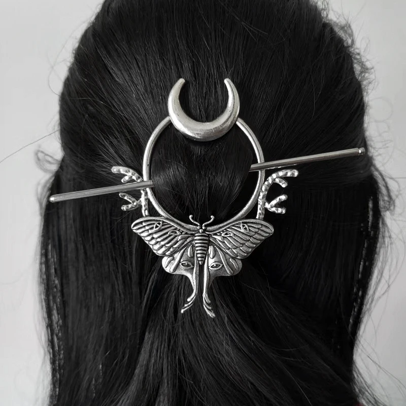 Retro Dragonfly Dragon Moon With Branches Hairstick Silver Dainsy Flower Gothic Witch Hairpin Jewelry For Women