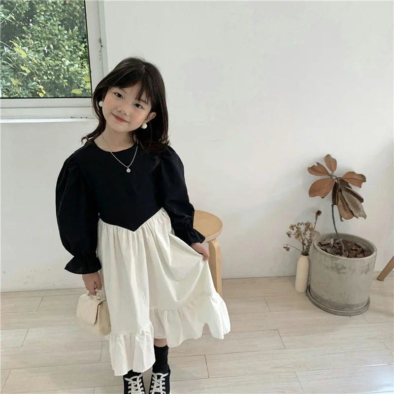 2021 Vintage flower girls dresses long t shirt black white dress