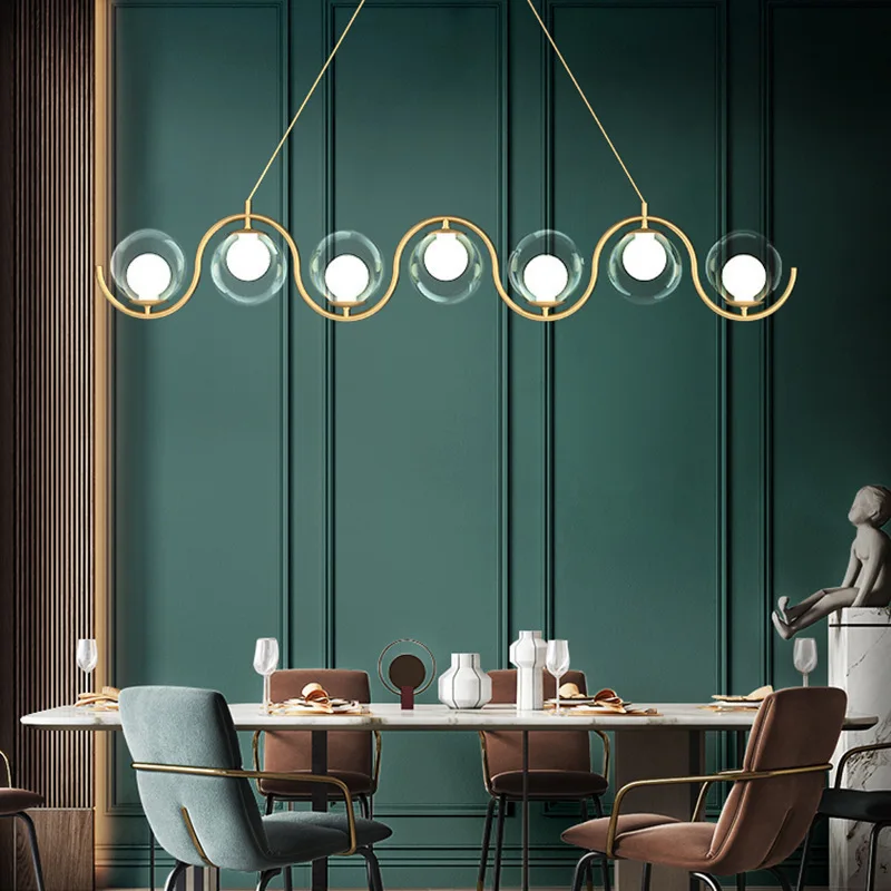 Fashionable multi-head white spherical restaurant bar chandelier art design s shaped long pole glass living room pendant light