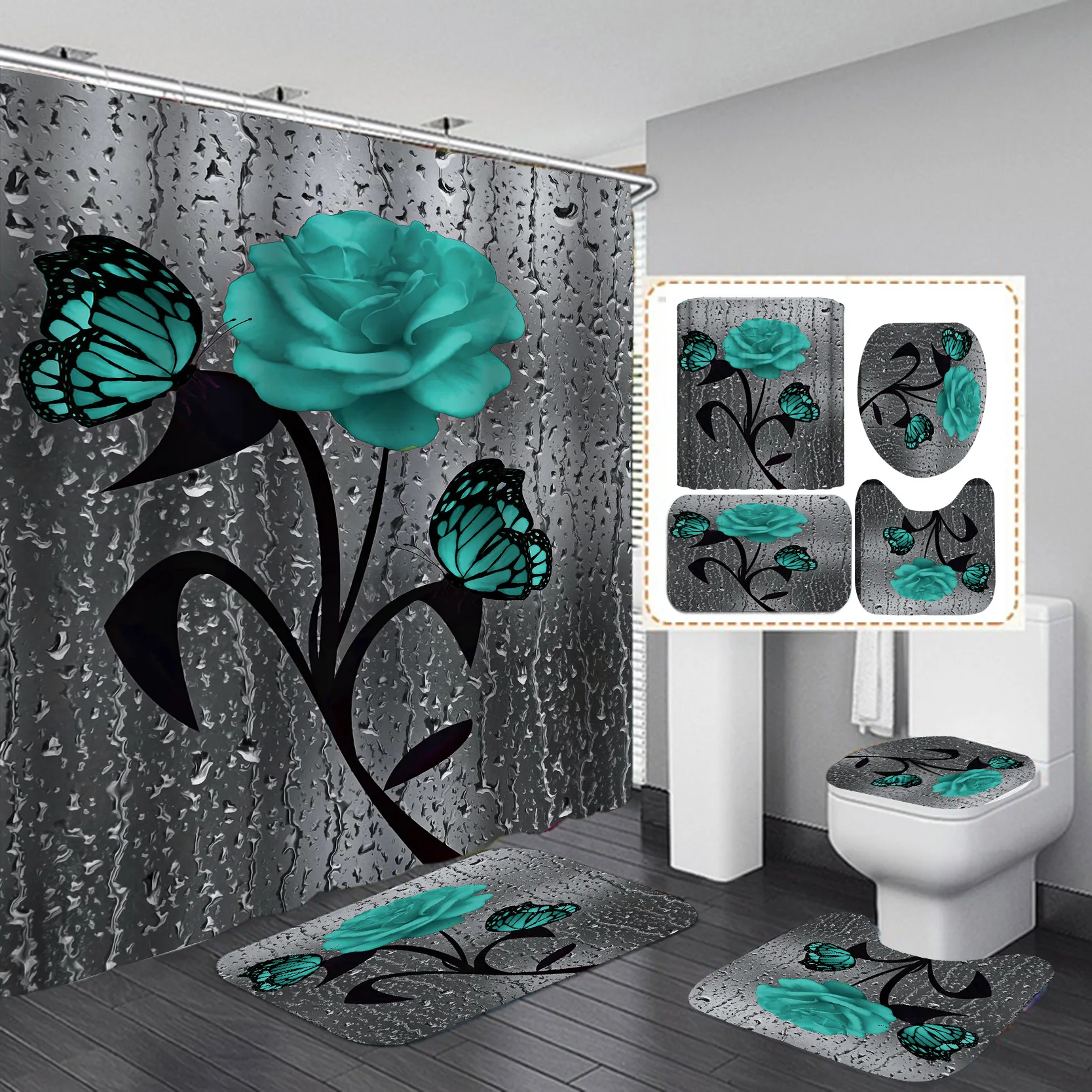 In Stock Polyester Shower Curtain Set Soft 100% and Rug/