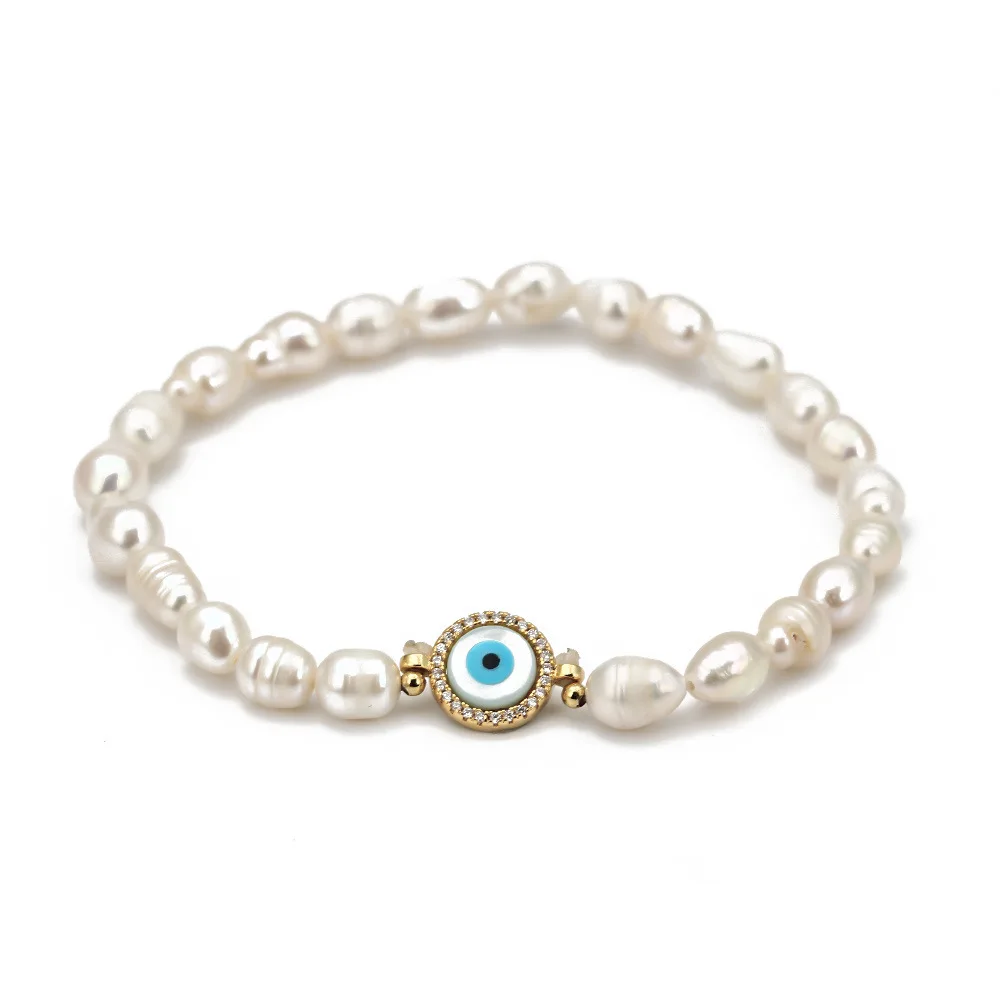 Natural Freshwater Pearl  Turkish Blue Evil Eye Bracelets Bangle With Cubic Zirconium For Women Charms Jewelry Making